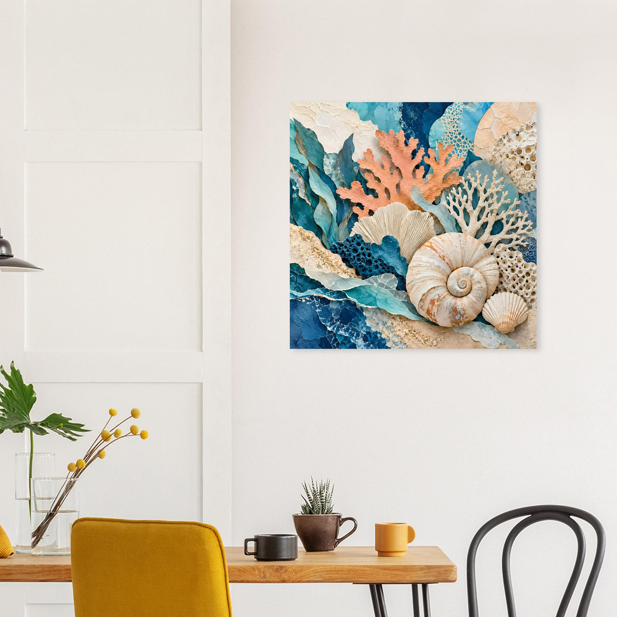 Meerestief-Poster: Korallenriff mit Muscheln und Ozeanfarben in Blau, Orange und Creme.