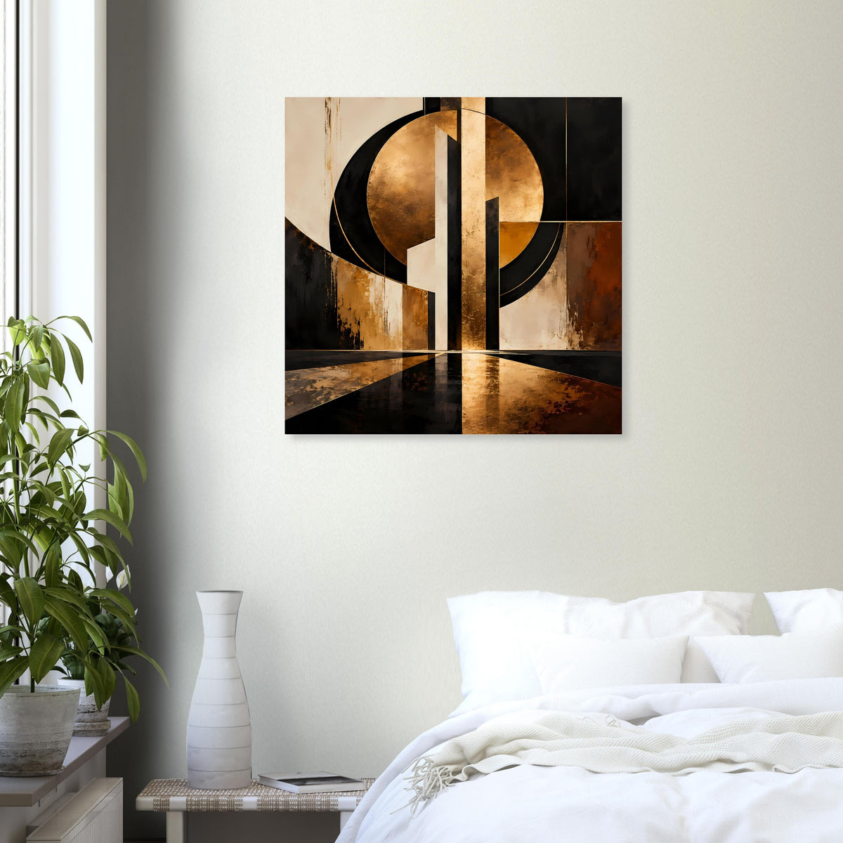 Abstraktes Wandbild (Poster) mit goldenen und schwarzen Kreisformen sowie Mittelbalken