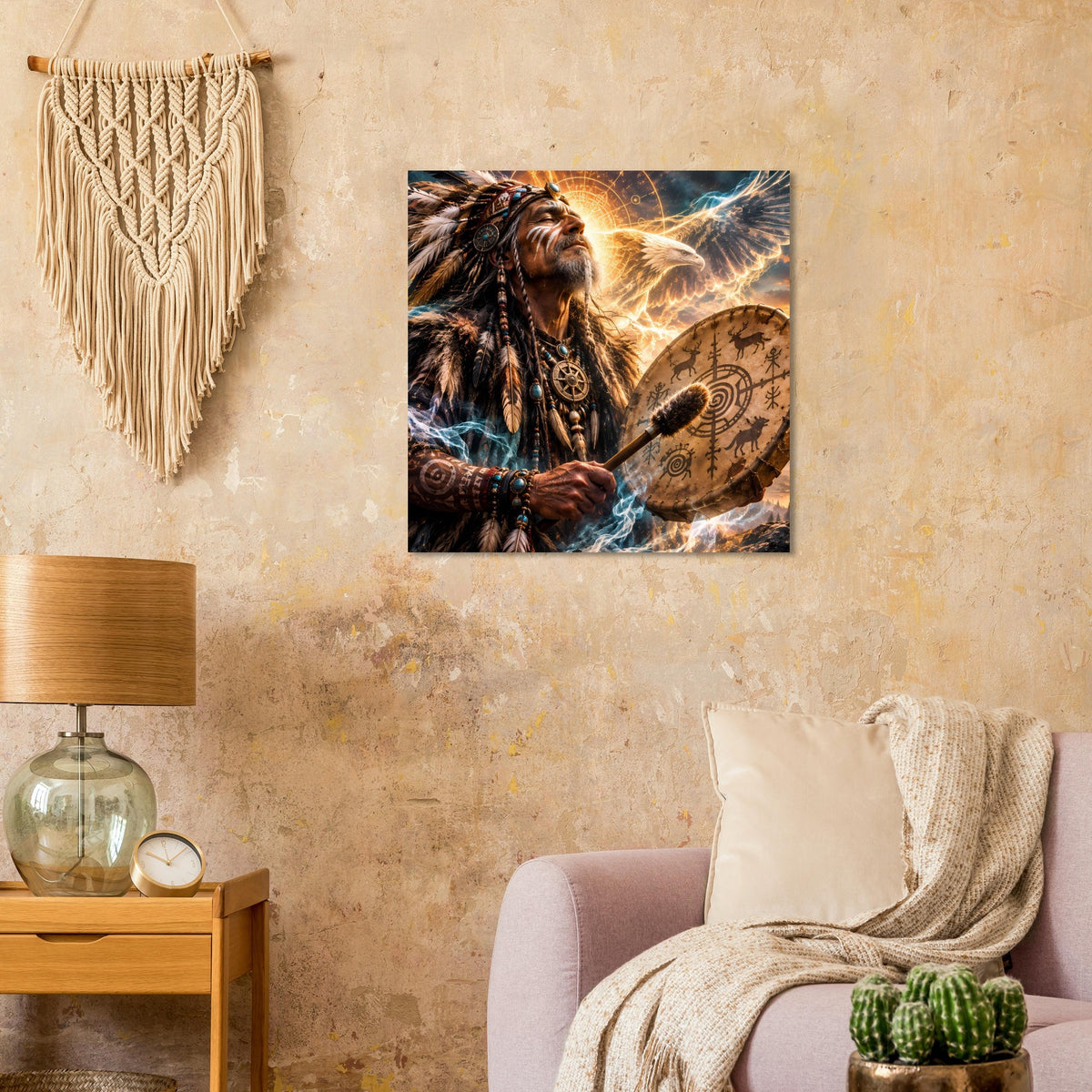 Fantasy-Poster mit Schamanenfigur und Trommel, gelber Adler über dem Motiv