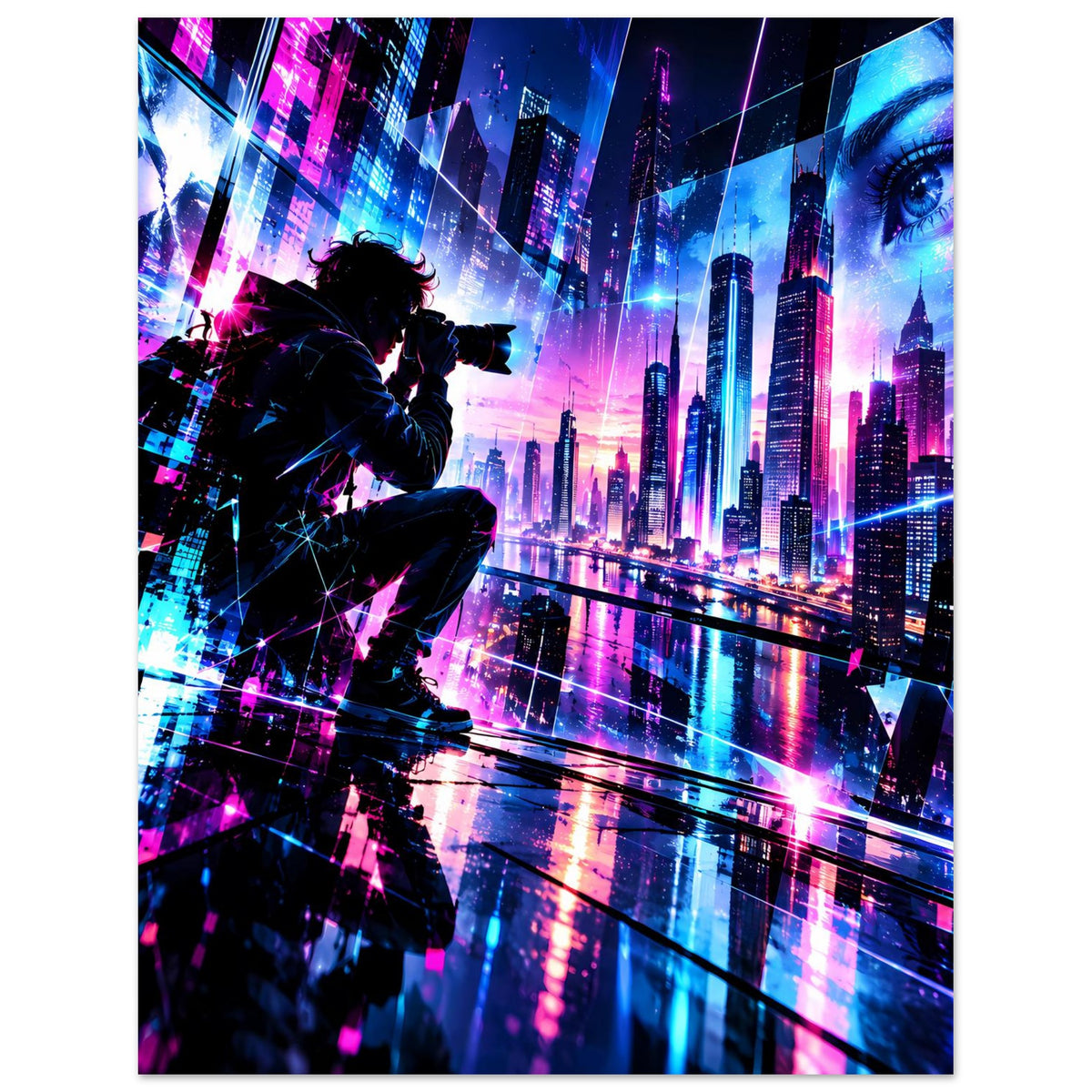 Neon-Cyberpunk-Stadtposter mit Figur-Silhouette und großem Augenmotiv rechts oben
