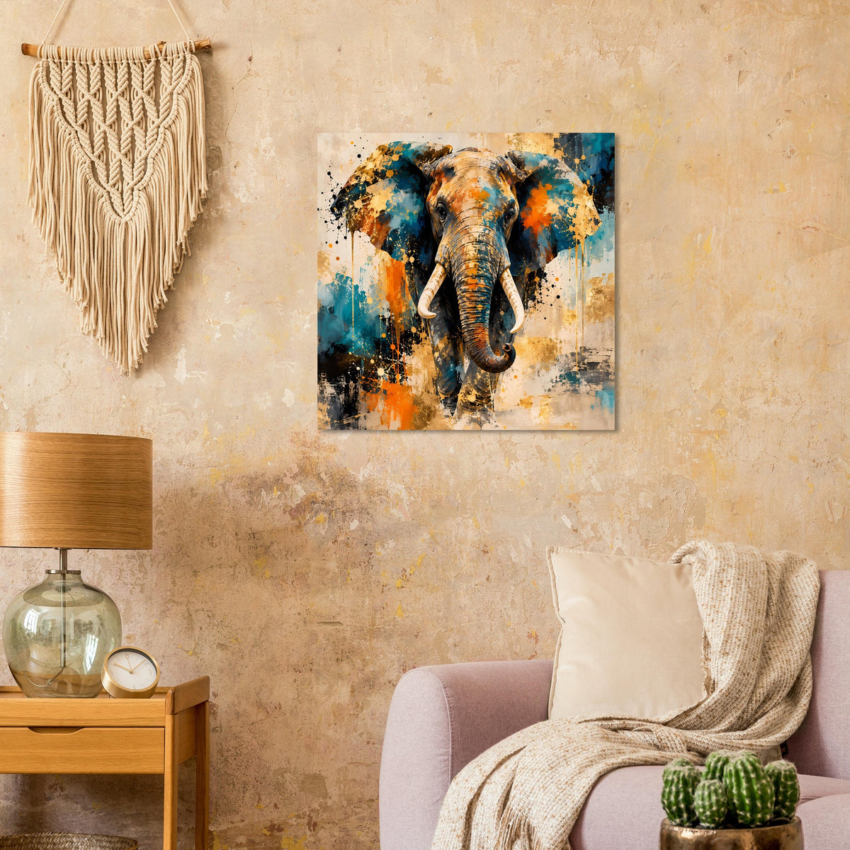Abstraktes Elefantenposter im Rahmen mit farbigen Farbspritzern, blau und orange