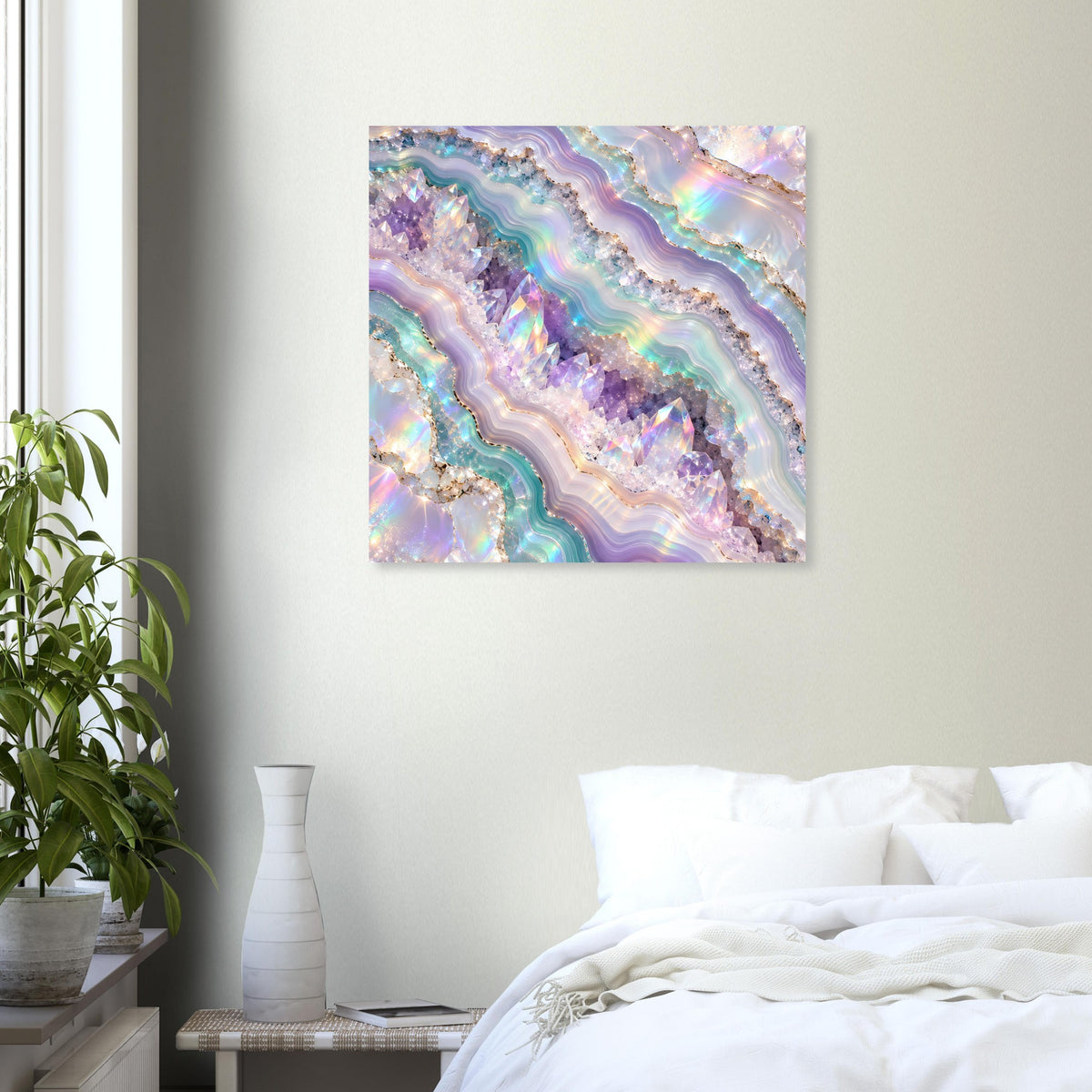 Holografisches Geode-Kristallposter, hochkant, irrisierende Schichten in Lila, Türkis und Blau
