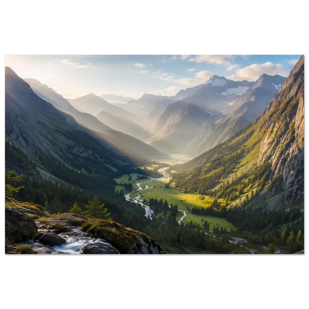 Poster im Querformat mit Alpen-Talblick, Gebirgsbach und weitreichenden Lichtkaskaden