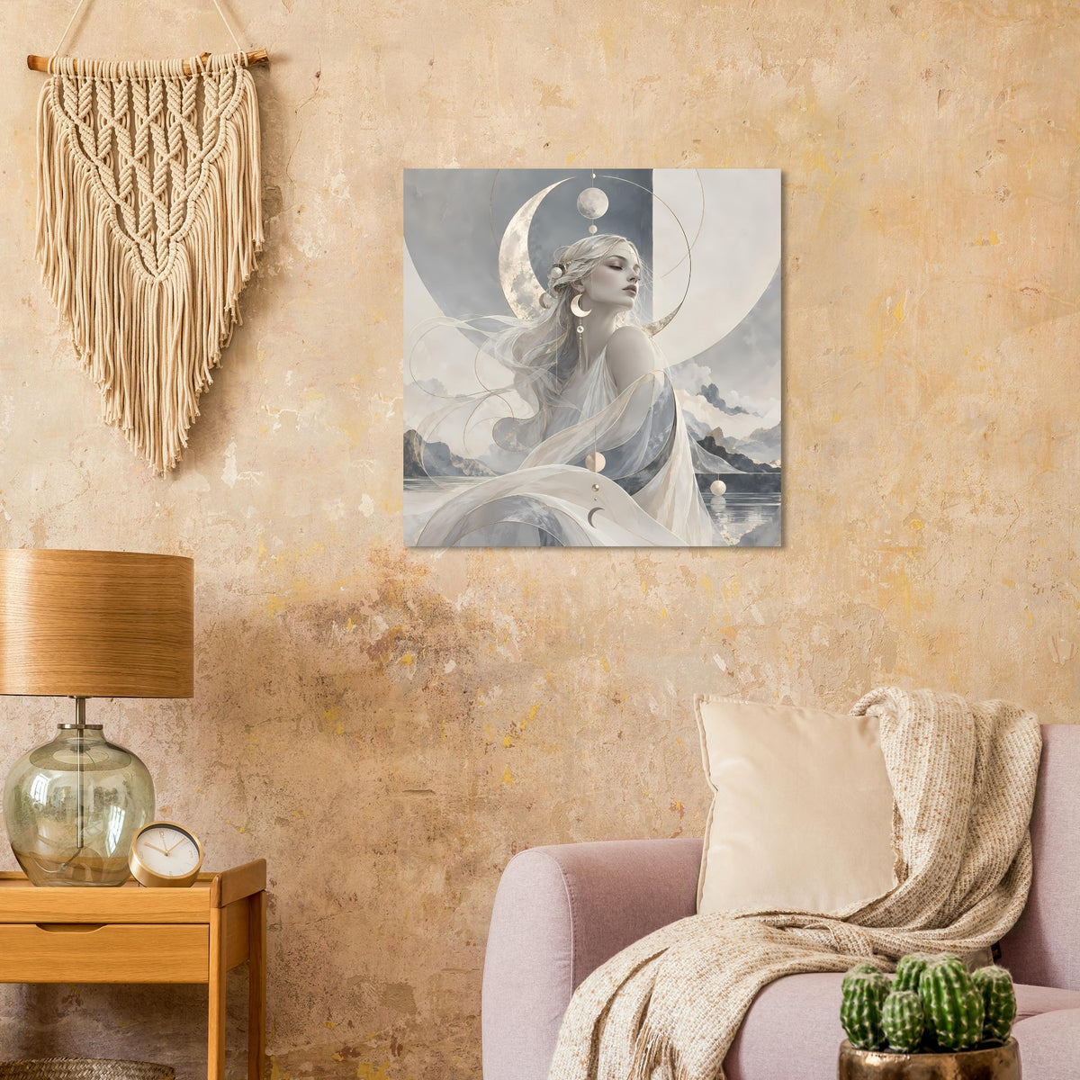 Wandposter mit Mondgöttin in Fließgewand, Mondsichel über Wolken, helle Grau-Beige-Töne