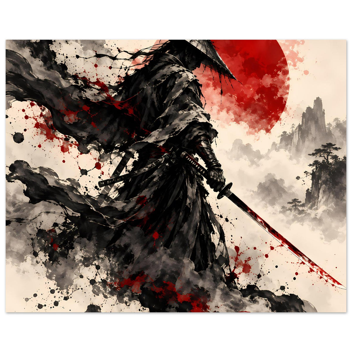 Kunstdruck: Samurai-Krieger mit Katana in schwarzem Umhang, rote Sonnenscheibe, Tinten-Spritzer