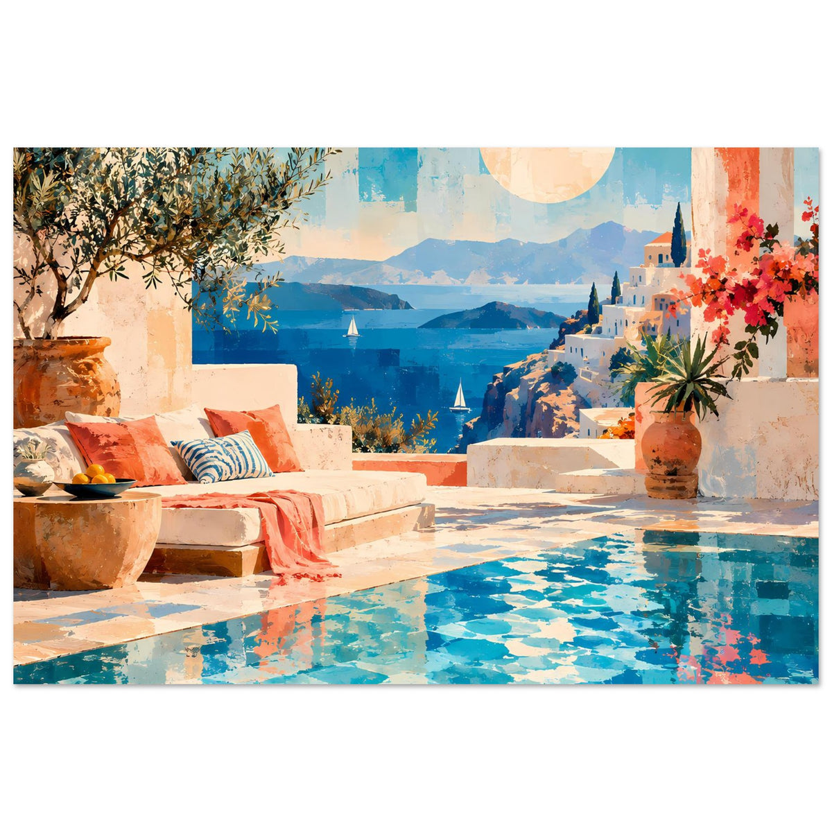 Mediterraner Kunstposter: Pool auf der Vorderseite, Sitzbank, Vasen mit Blüten und Landschaft