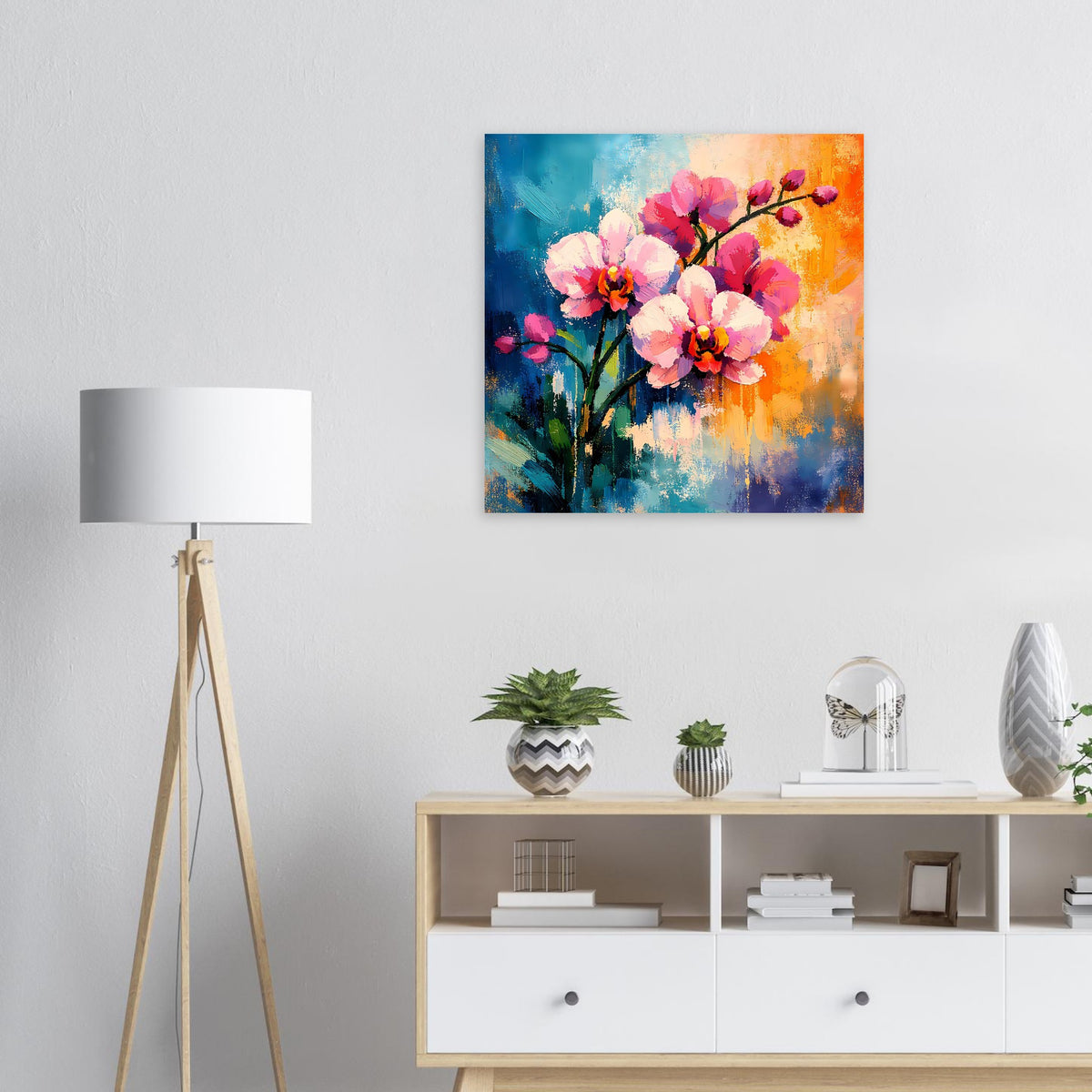 Quadratisches florales Poster mit pinken Blüten an dunklem Stiel