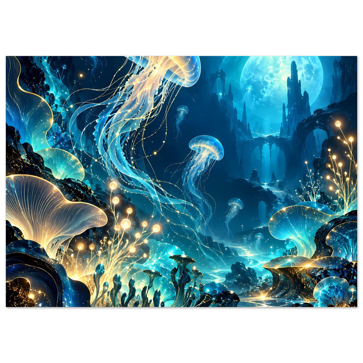 Unterwasserwelt-Poster mit silbrigen Quallenbahnen, Korallenhügeln und warmen Lichtpunkten