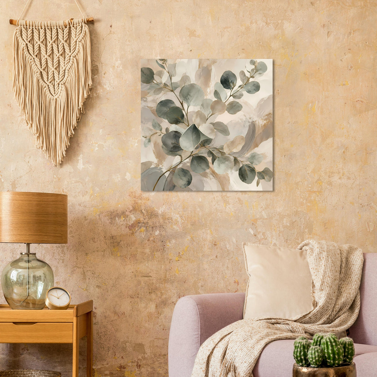 Quadratisches botanisches Aquarellposter mit grünen und beigen Blättern, florales Motiv
