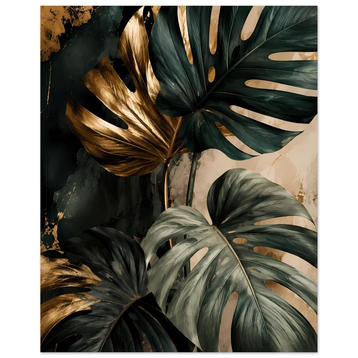 Monstera-Blätter-Poster mit dunkelgrünen Blättern und goldenen Akzentlinien