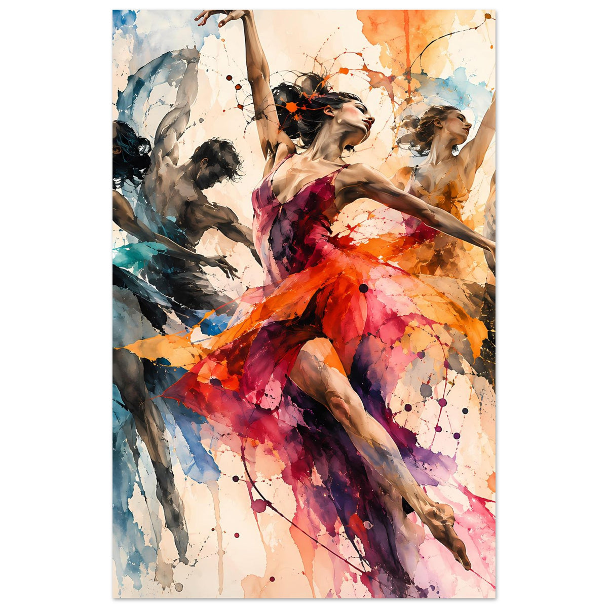Vertikales Poster mit Balletttänzerin im roten Kleid, beige Hintergrundflächen und Farbspritzern