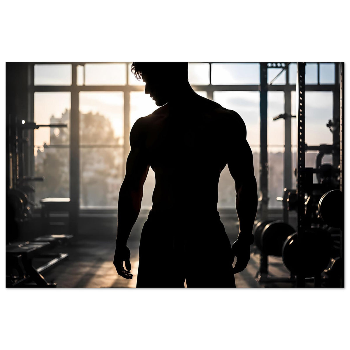 Fitness-Poster: schwarze Figurensilhouette eines Mannes vor Fitnessstudio-Umgebung