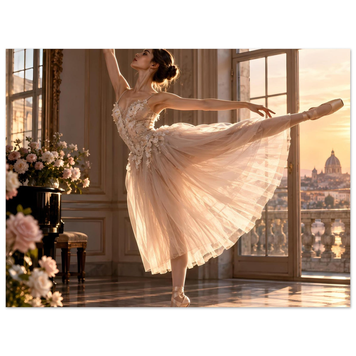 Poster mit Ballerina im weißen Tutu mit Spitze, auf den Zehenspitzen balanciert