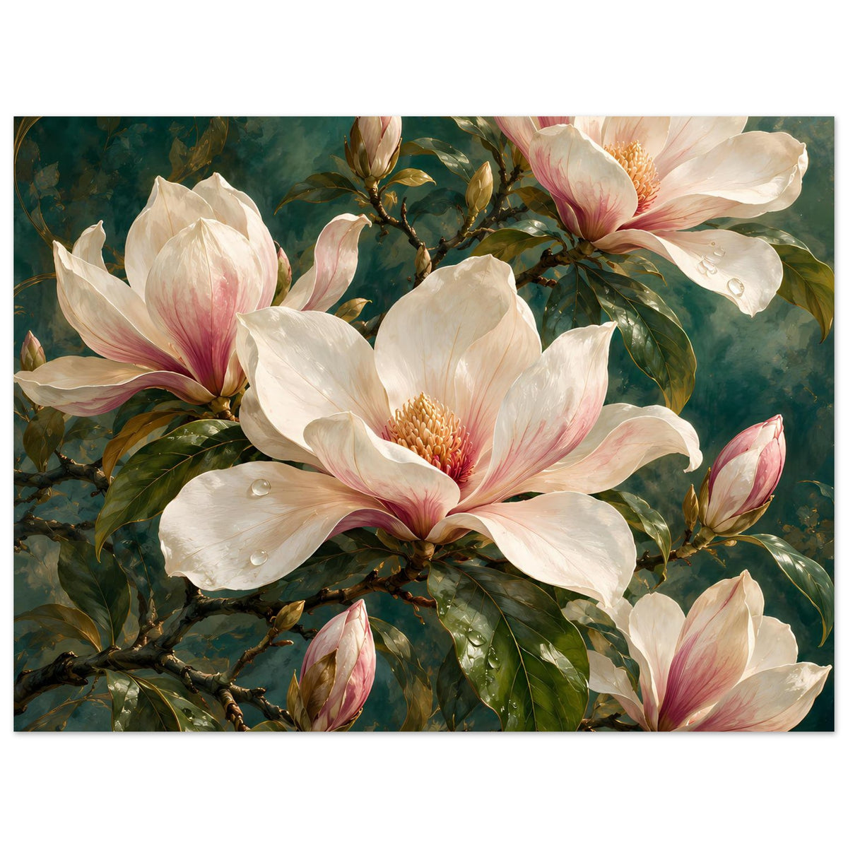 Magnolienblüten-Poster im Querformat, große cremefarbene Blüten mit rosa Akzenten