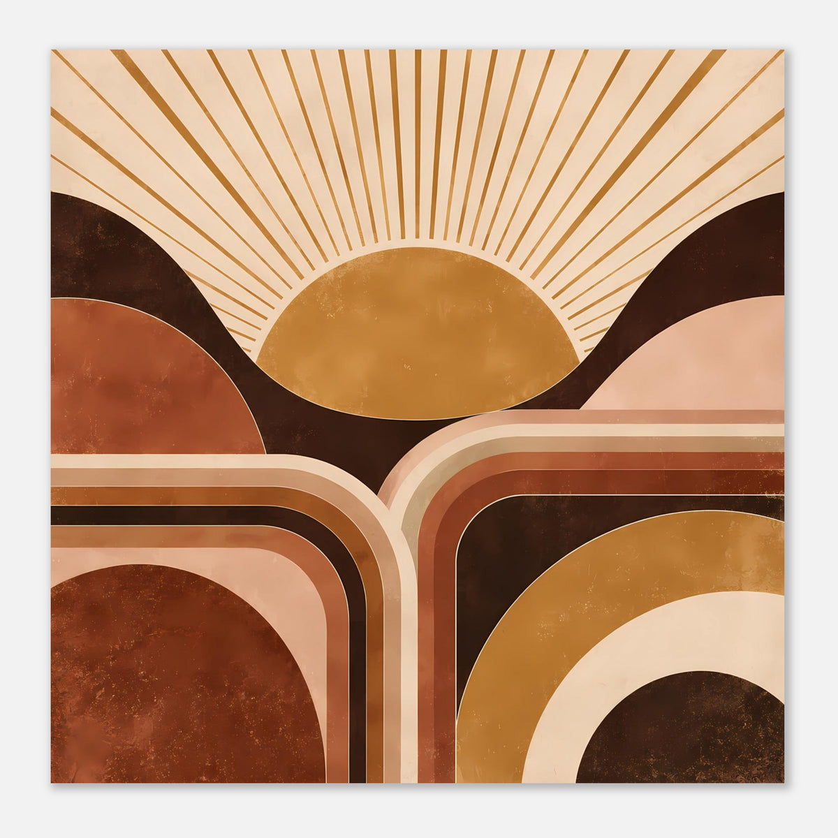 Quadratisches Poster mit geometrischem Sonnenaufgang: Strahlen über Halbkreis und mehreren geschwungenen Rahmenbögen.