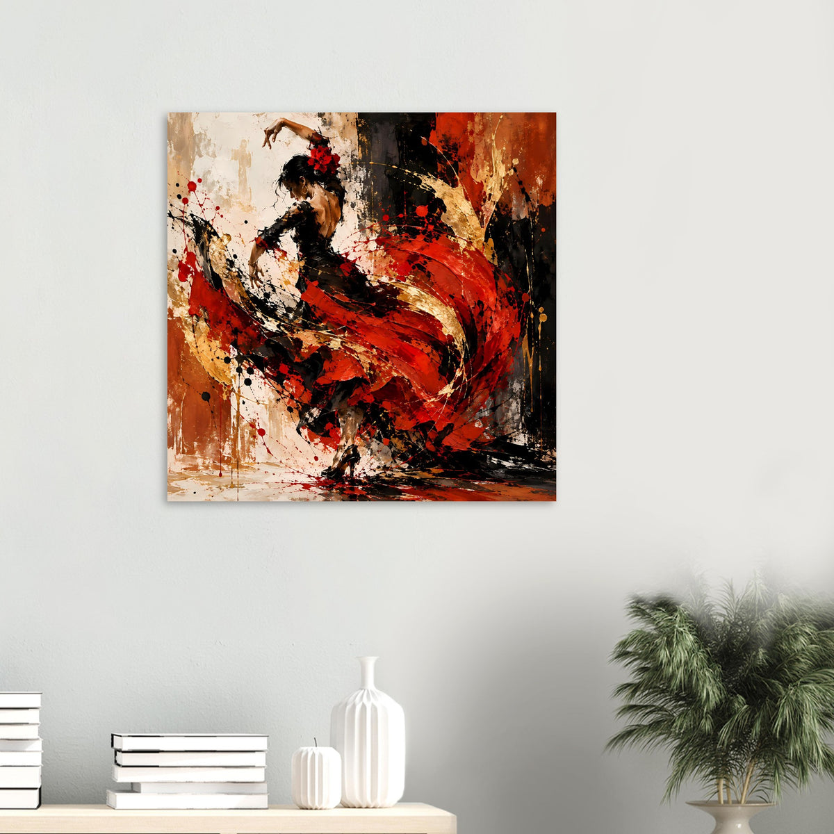 Kleines Kunstposter mit abstrakter Flamenco-Tänzerin, rote Farbflächen und Schwarz