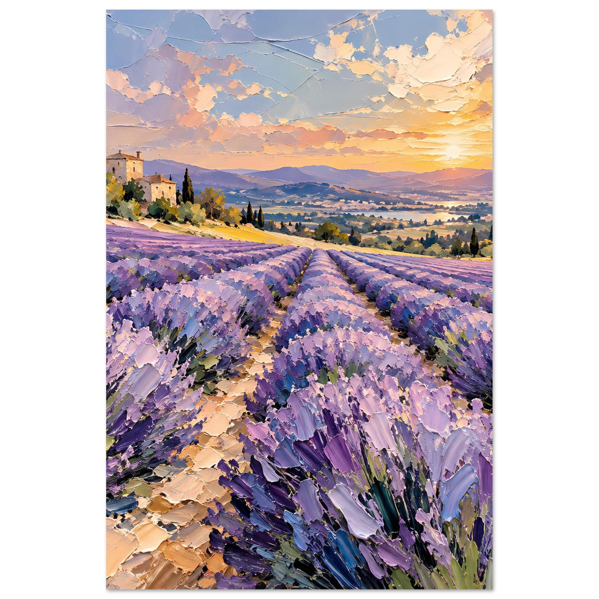 Poster im Hochformat: Lavendelfelder und Sonnenuntergang über einer Hügellandschaft