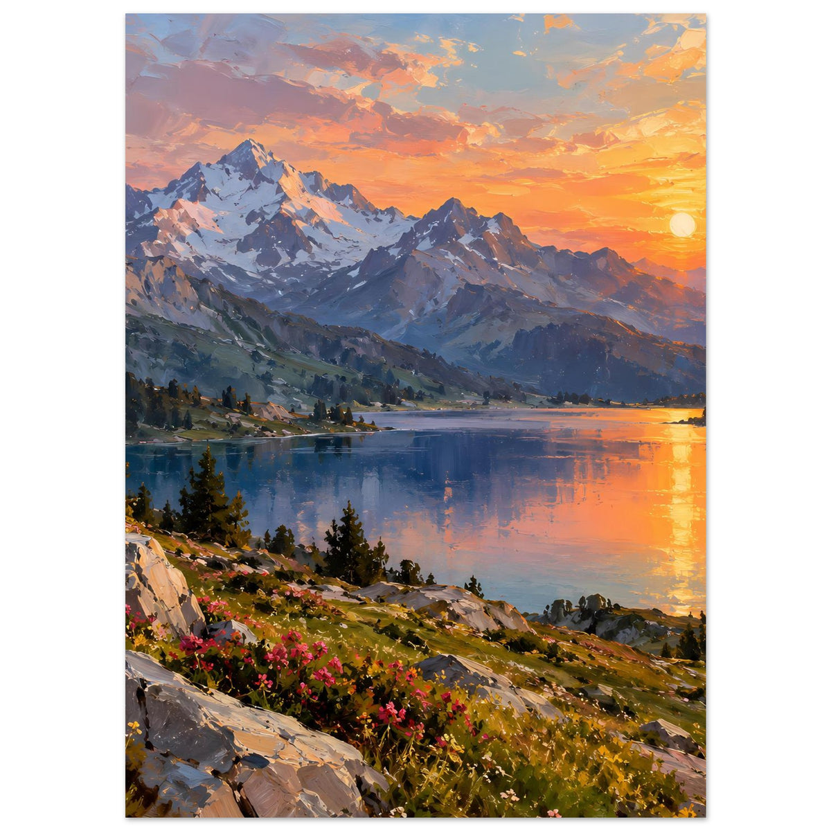 Poster im Querformat: Bergsee im Abendlicht, Berge, orange Reflexion im Wasser, Blüten am Ufer