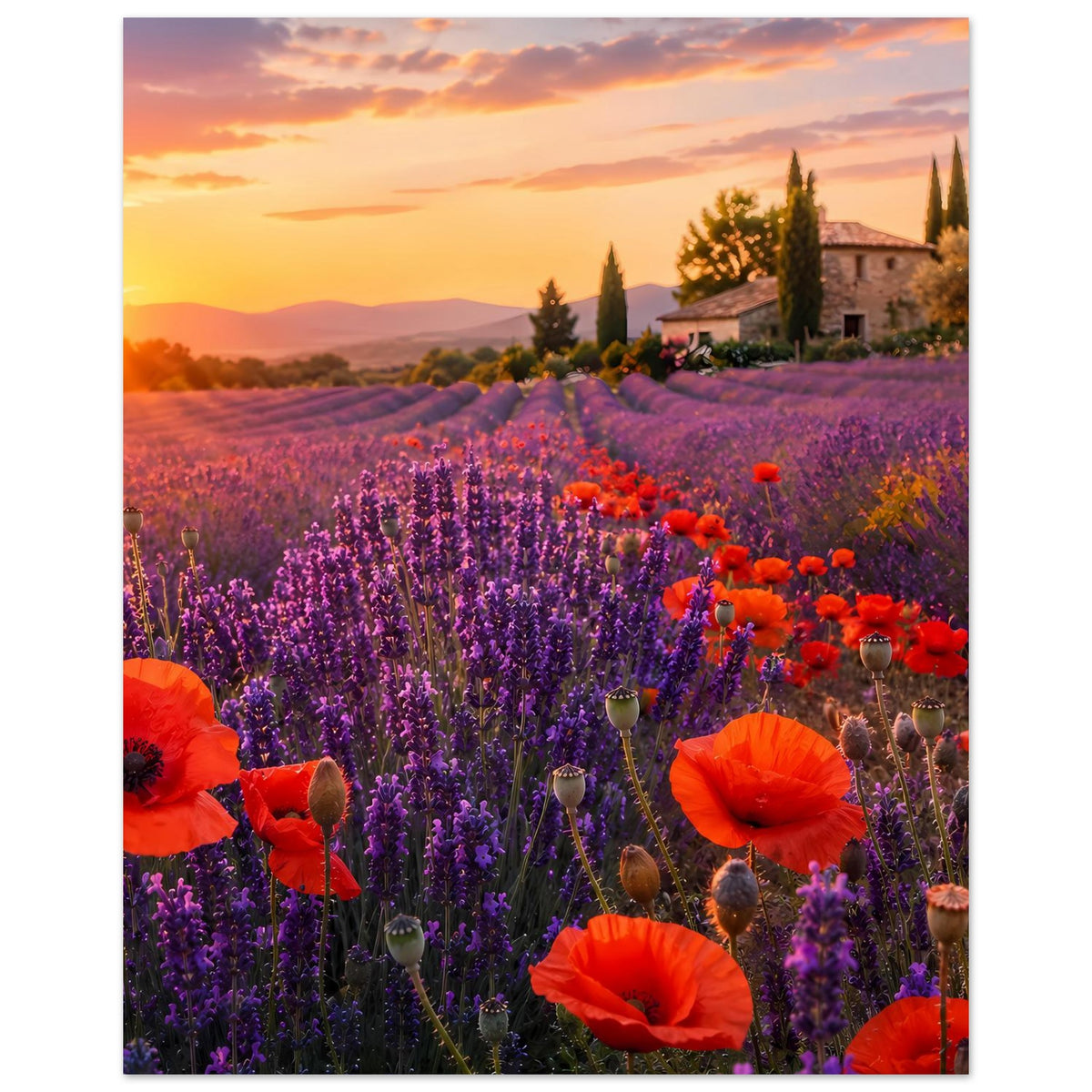 Poster mit Lavendelfeld und roten Mohnblüten, Landhaus rechts oben und sanfte Hügel