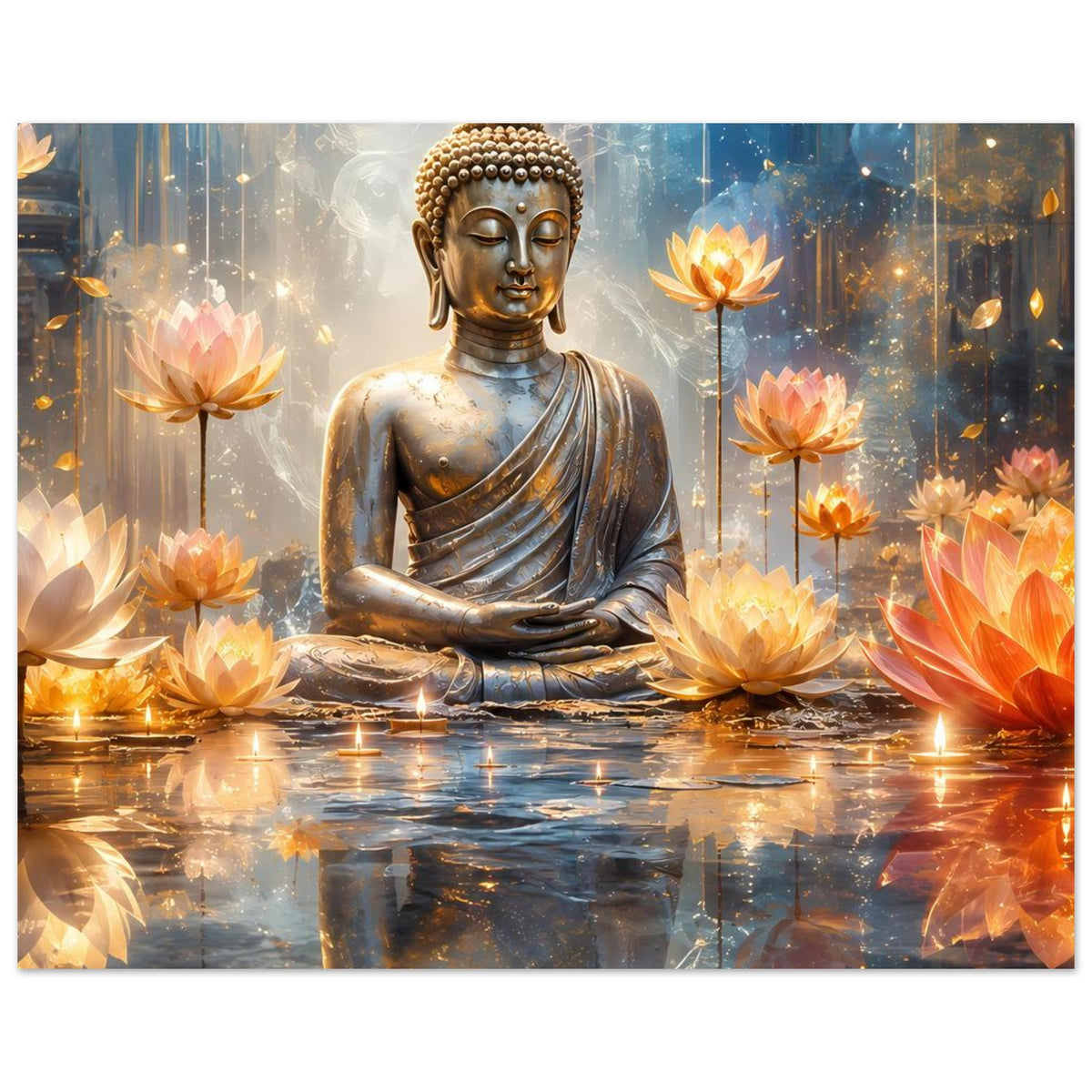 Poster mit sitzendem Buddha aus Gold und leuchtenden Lotusblüten im Vordergrund