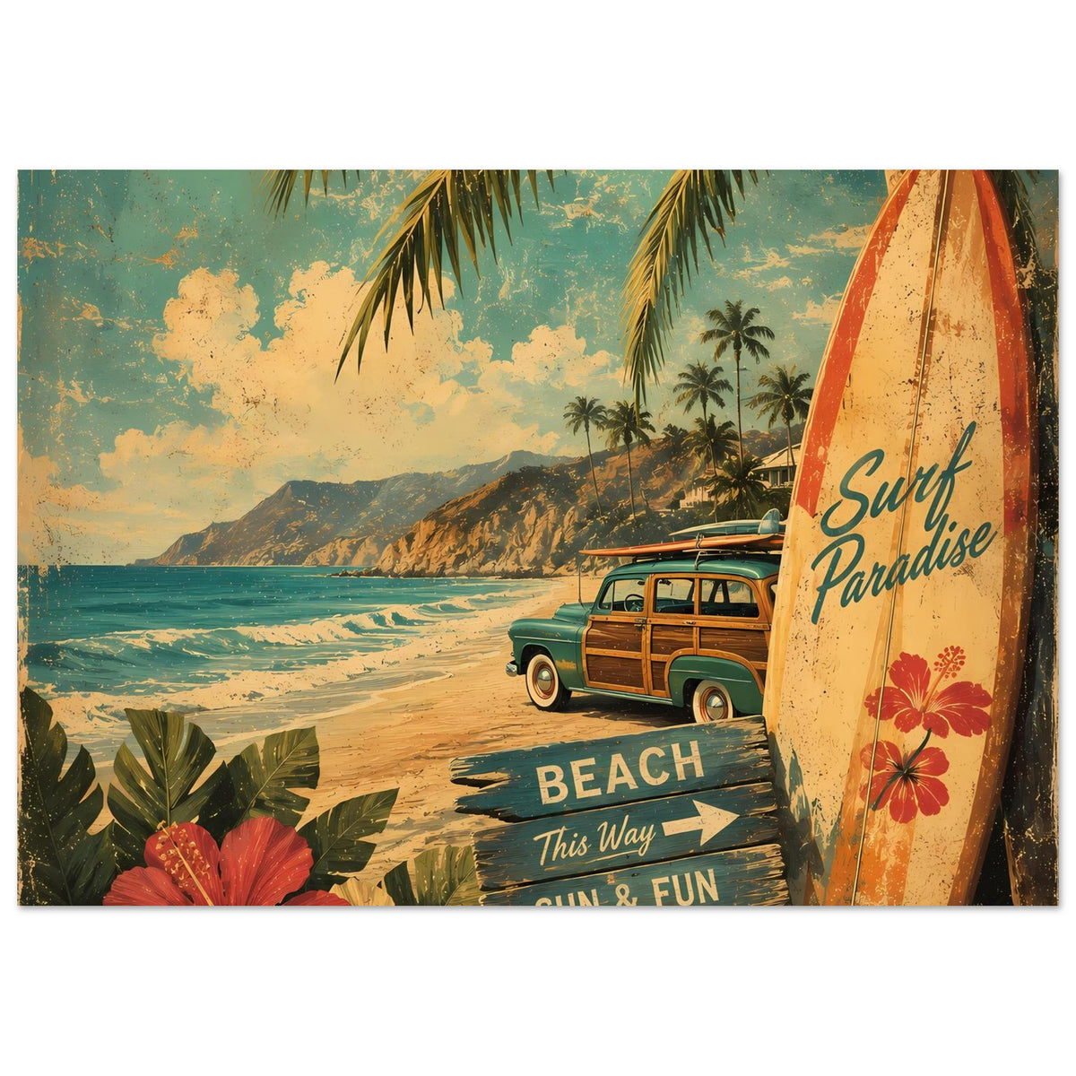 Vintage-Poster mit Strand, Palmen, Surfbord rechts und Van; „BEACH“ und Pfeilwegweiser