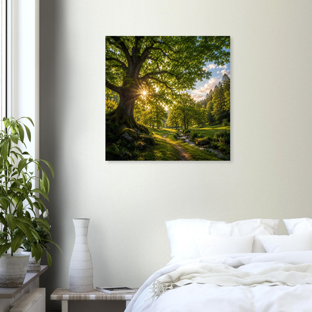 Waldlandschafts-Poster mit Pfad und Baum bei Sonnenlicht, quadratisch, schwarz gerahmt