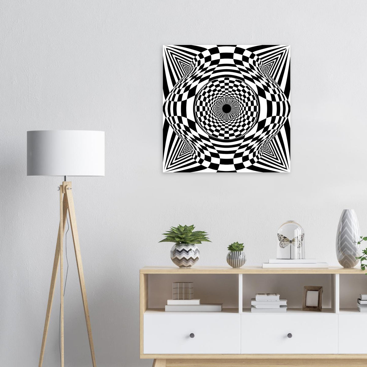 Quadratisches Poster mit schwarz-weißem Schachbrett-Kreiswirbel und sternförmigen Rändern.
