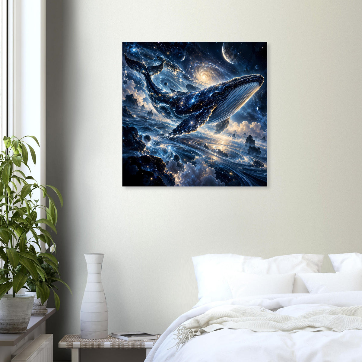 Quadratisches Poster mit Galaxien-Meer und silhouettiertem Wal in Blau- und Goldtönen