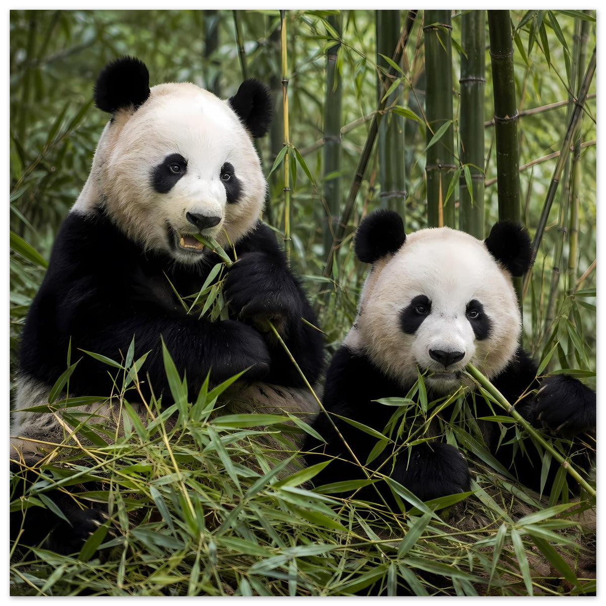 Duo-Poster: zwei Pandas im Bambus, Vorderpanda rechts, Blätter zwischen den Pfoten
