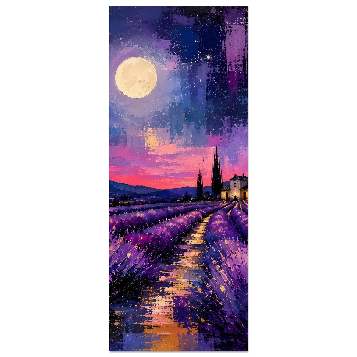 Schmales Poster: Lavendelweg, Vollmond und Zypressen im violetten Abendhimmel