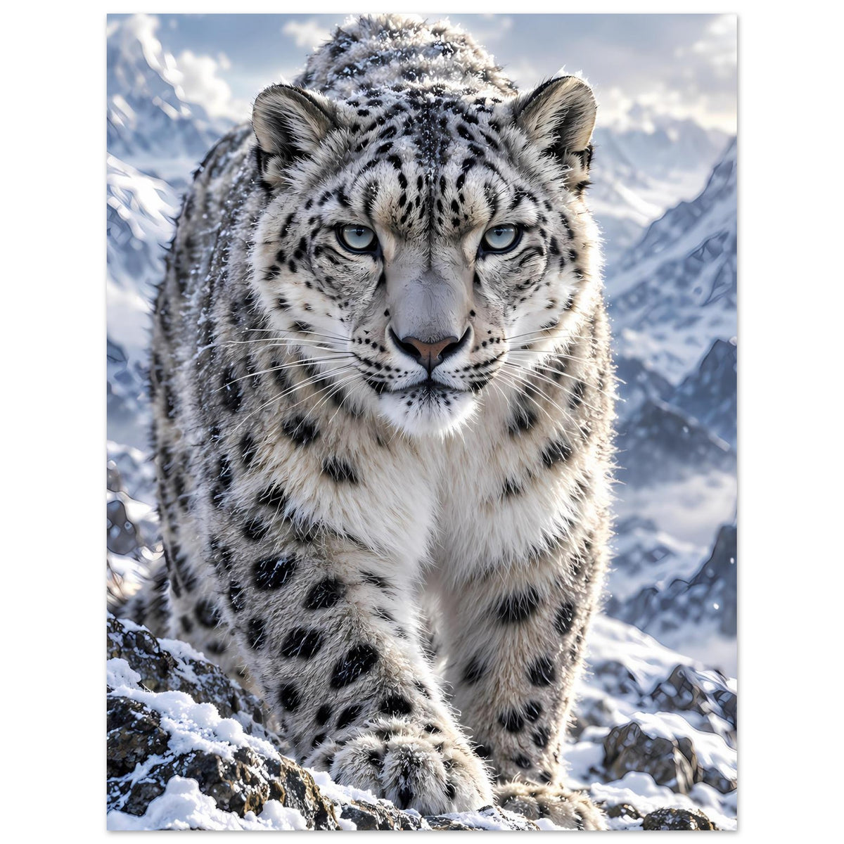 Poster mit Schneeleopard im Schnee, zentrierte Nahaufnahme des Gesichts