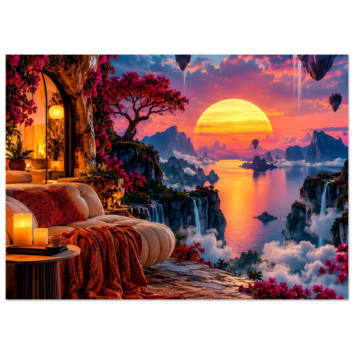 Poster: surreale Landschaft mit Sonnenuntergang, Inseln, Wasserfällen und lila Blüten; links Lampe.