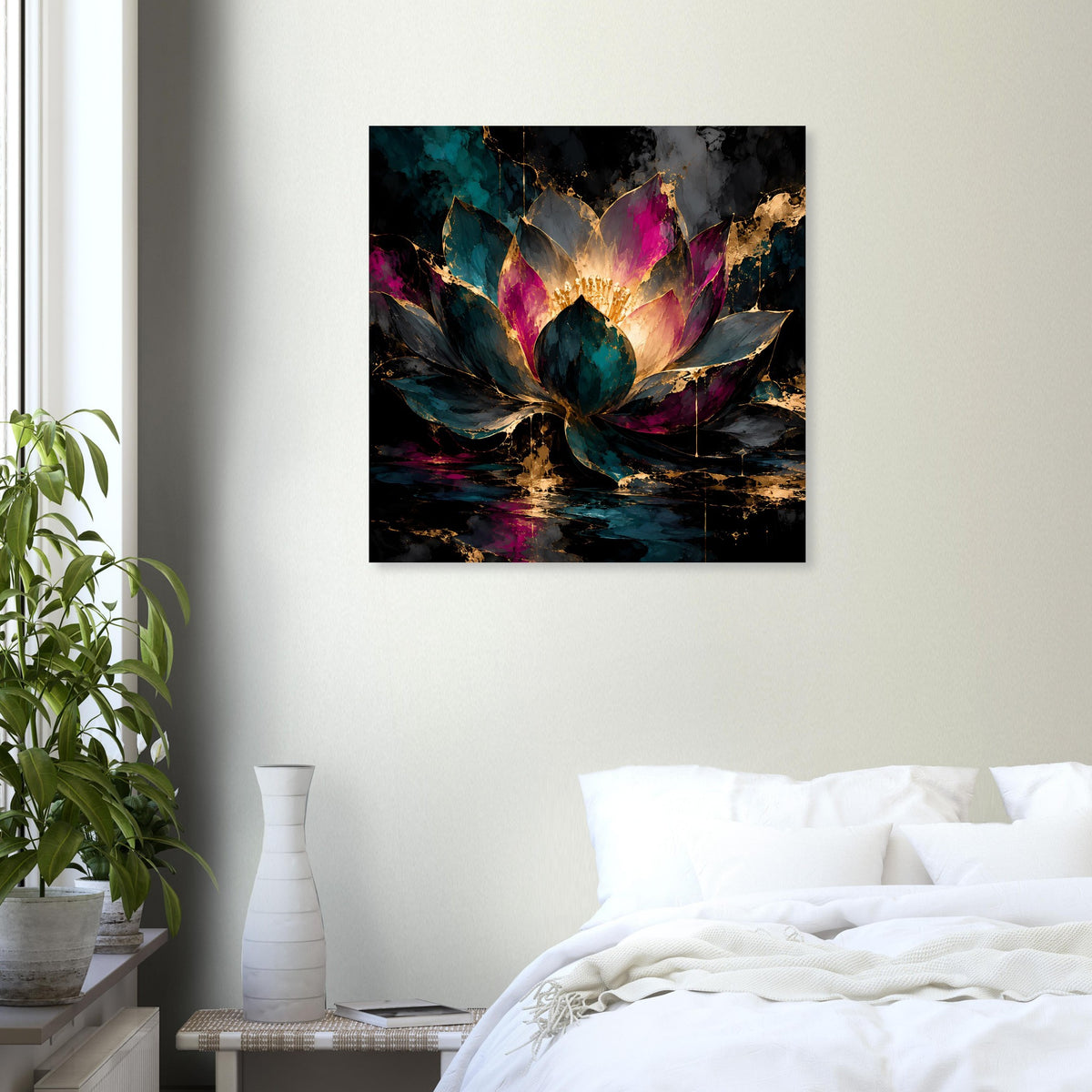 Kunstposter mit Lotusblüte, farbigen Blättern und goldenem Lichtschein