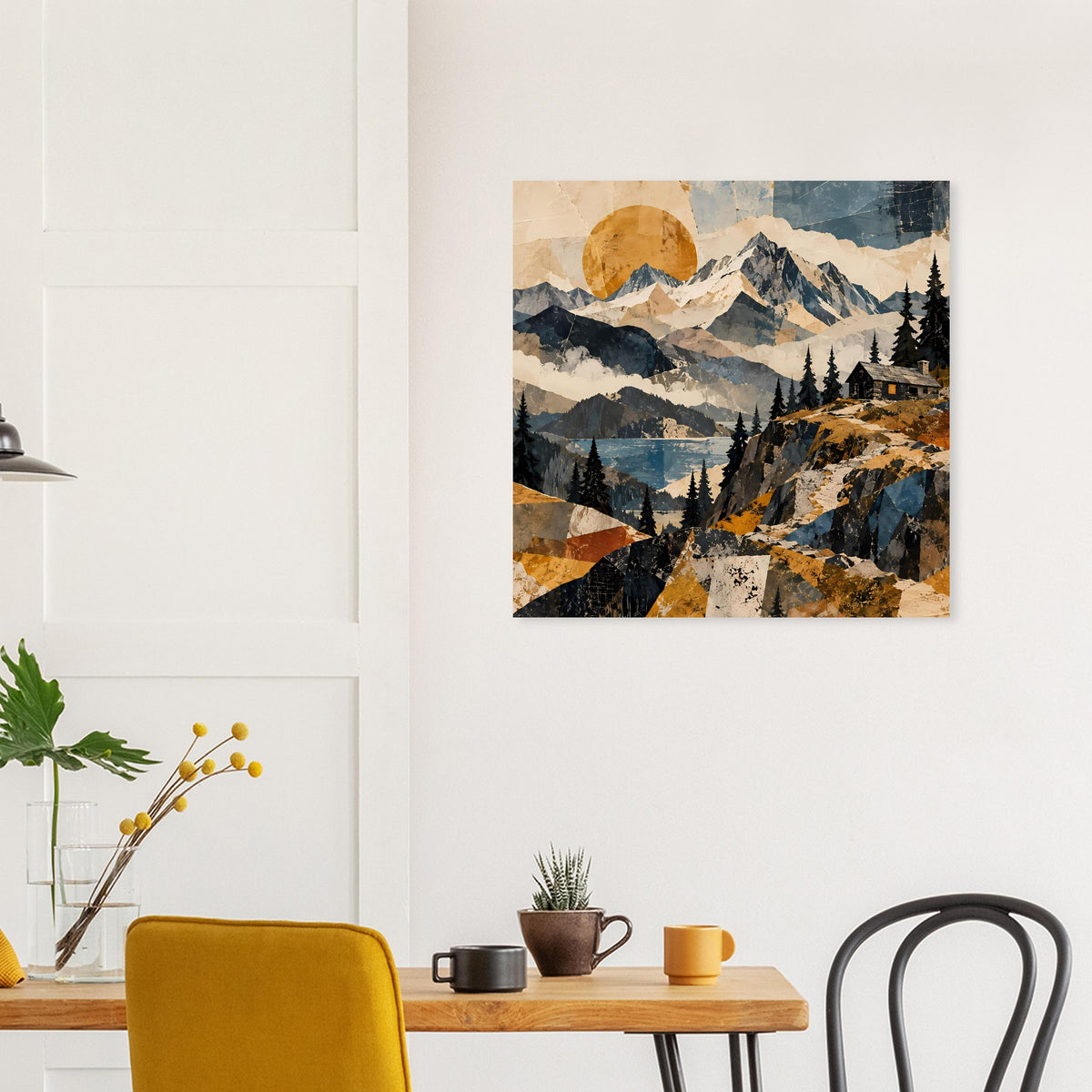 Berglandschafts-Naturposter mit gelblich-orangen und blauen Flächen, gerahmt