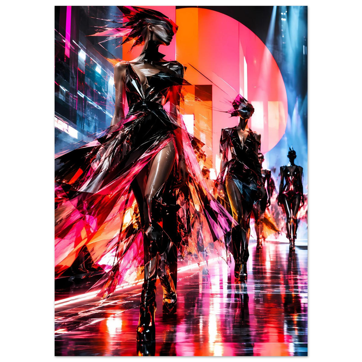 Futuristisches Mode-Poster mit neonfarbenen Laufsteg-Silhouetten, Models in langer Reihe