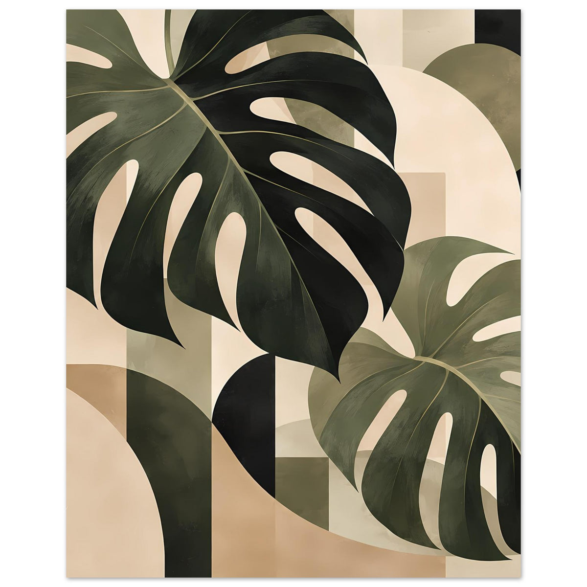 Botanik-Poster mit Monstera-Blättern: große Blätter links, kleine rechts in Salbeigrün und Beige.
