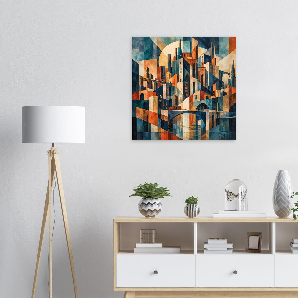 Geometrisches Cityscape-Poster mit Gebäuden und Bogen in Orange- und Blautönen