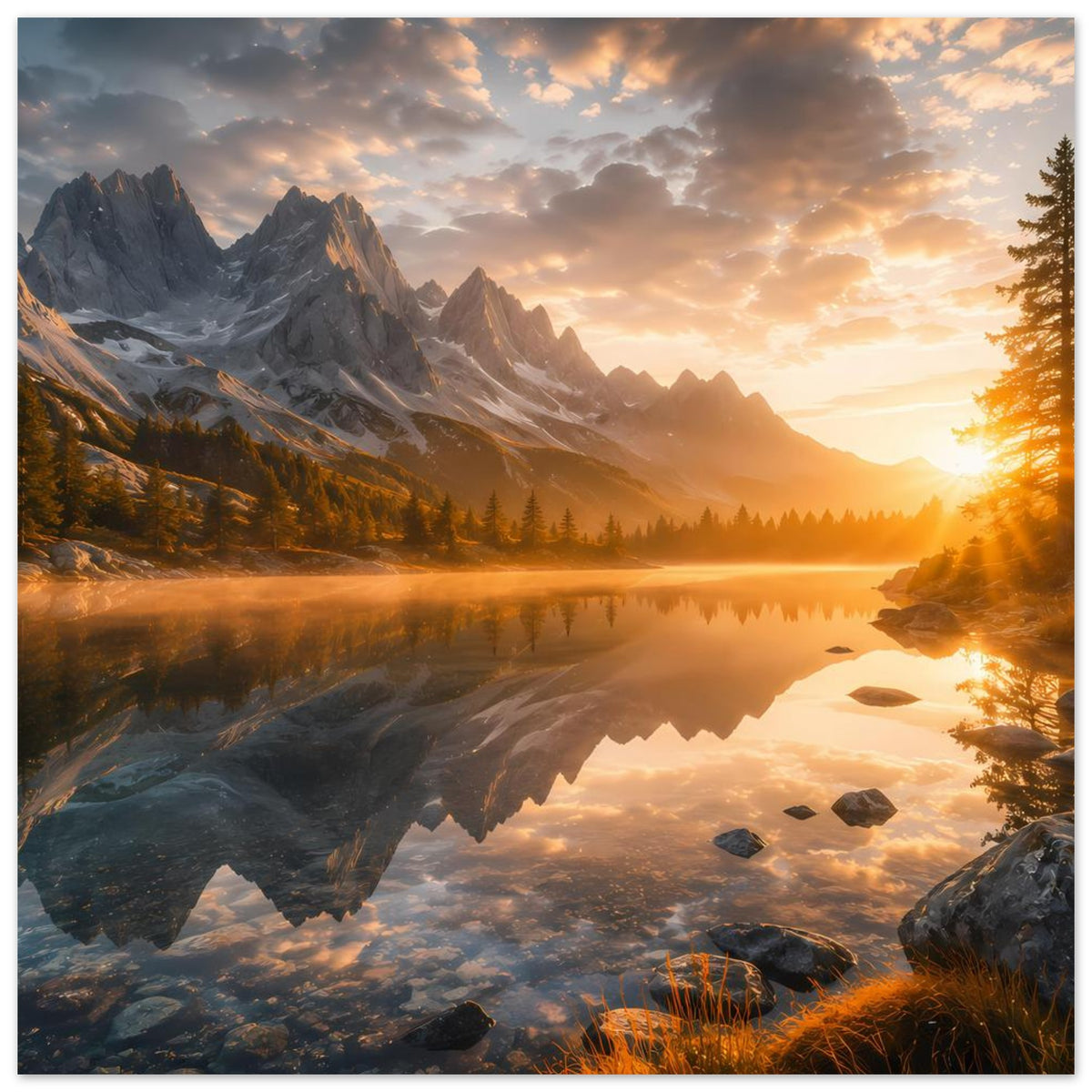 Sonnenbeschienenes Bergsee-Poster im Querformat: spiegelnder See im Sonnenaufgang, Berge im Hintergrund