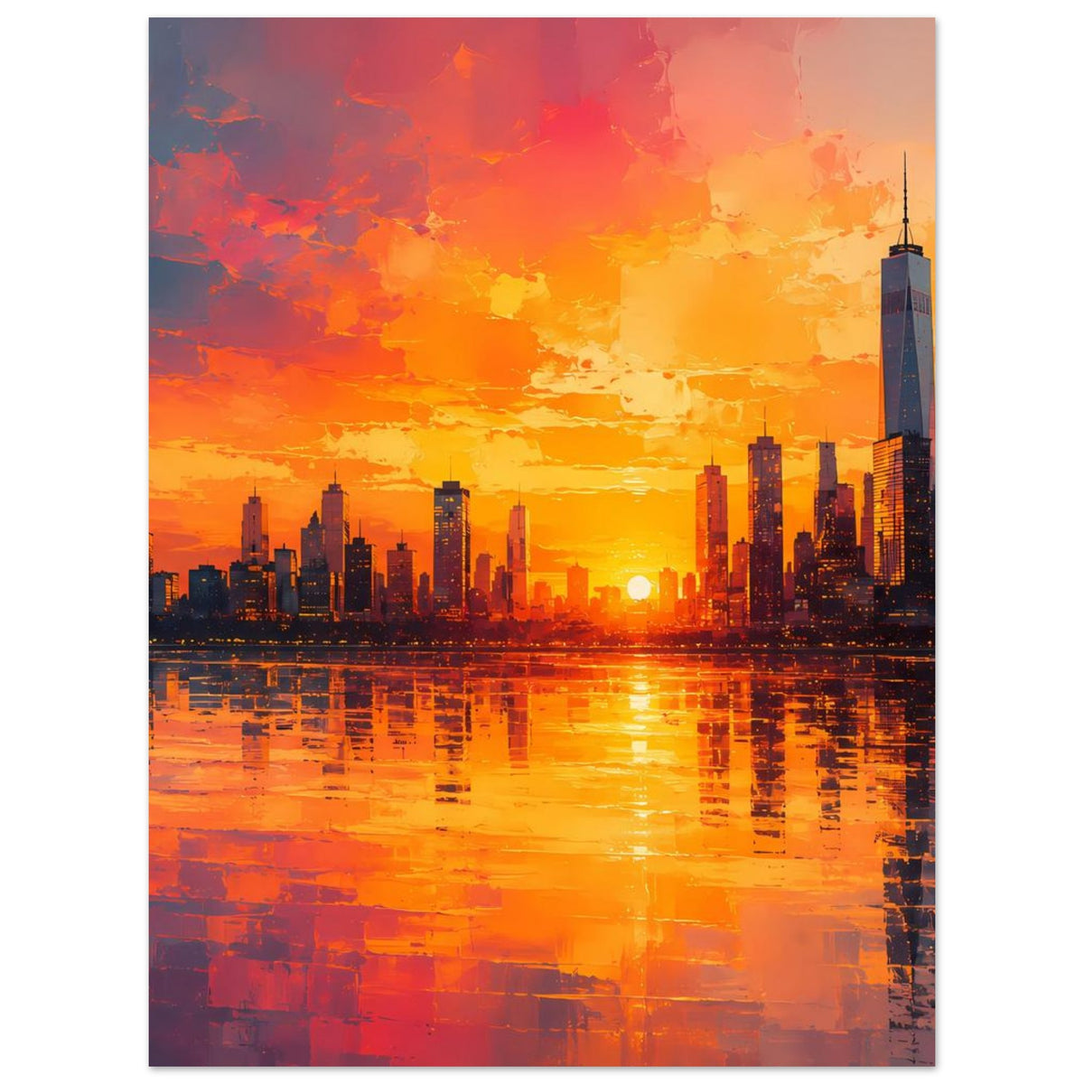Vertikales Poster mit leuchtender Großstadt-Skyline bei Sonnenuntergang und Wasserreflexion