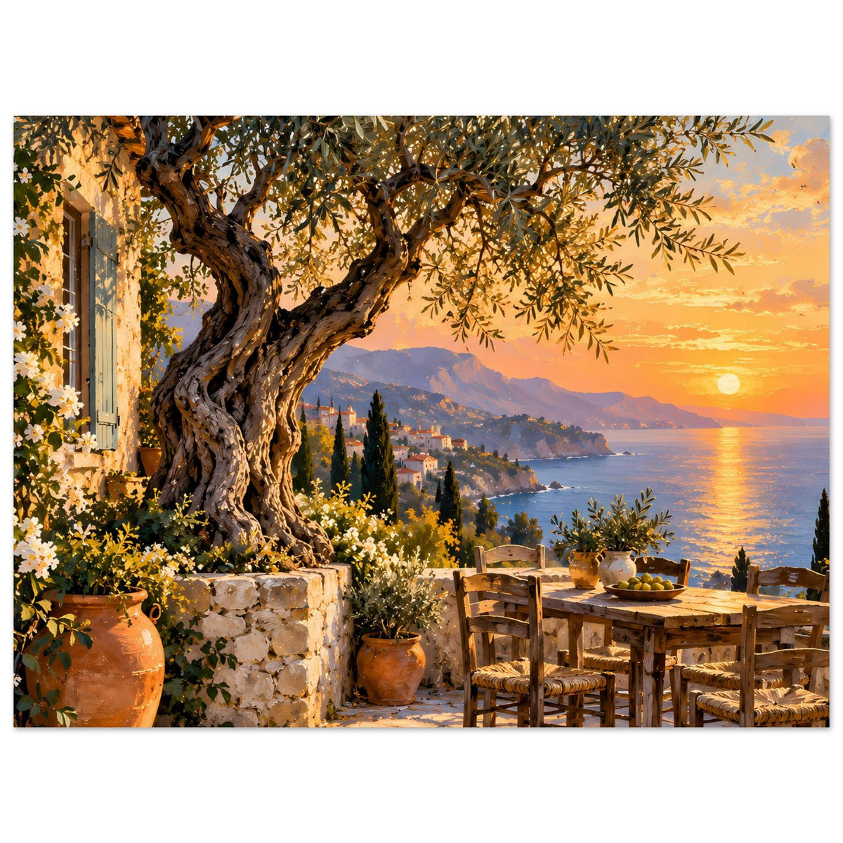 Mediterranes Sonnenuntergang-Poster mit Olivenbaum, Steinblock und Holztisch