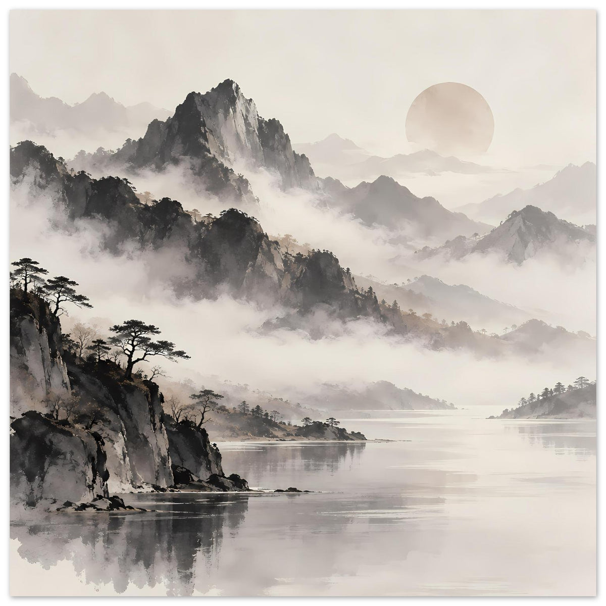 Poster im Hochformat: Schwarzweiß-Berglandschaft mit Nebel, ruhiger See und rundem Mond