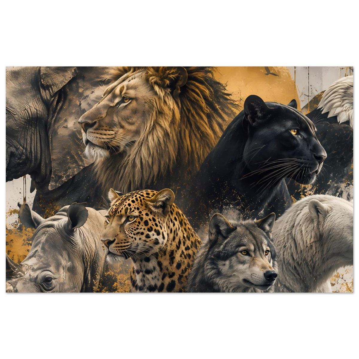 Querformatiges Wildtiere-Poster mit Löwe, Panther, Gepard und Wolf im Gold-Schwarz-Motiv