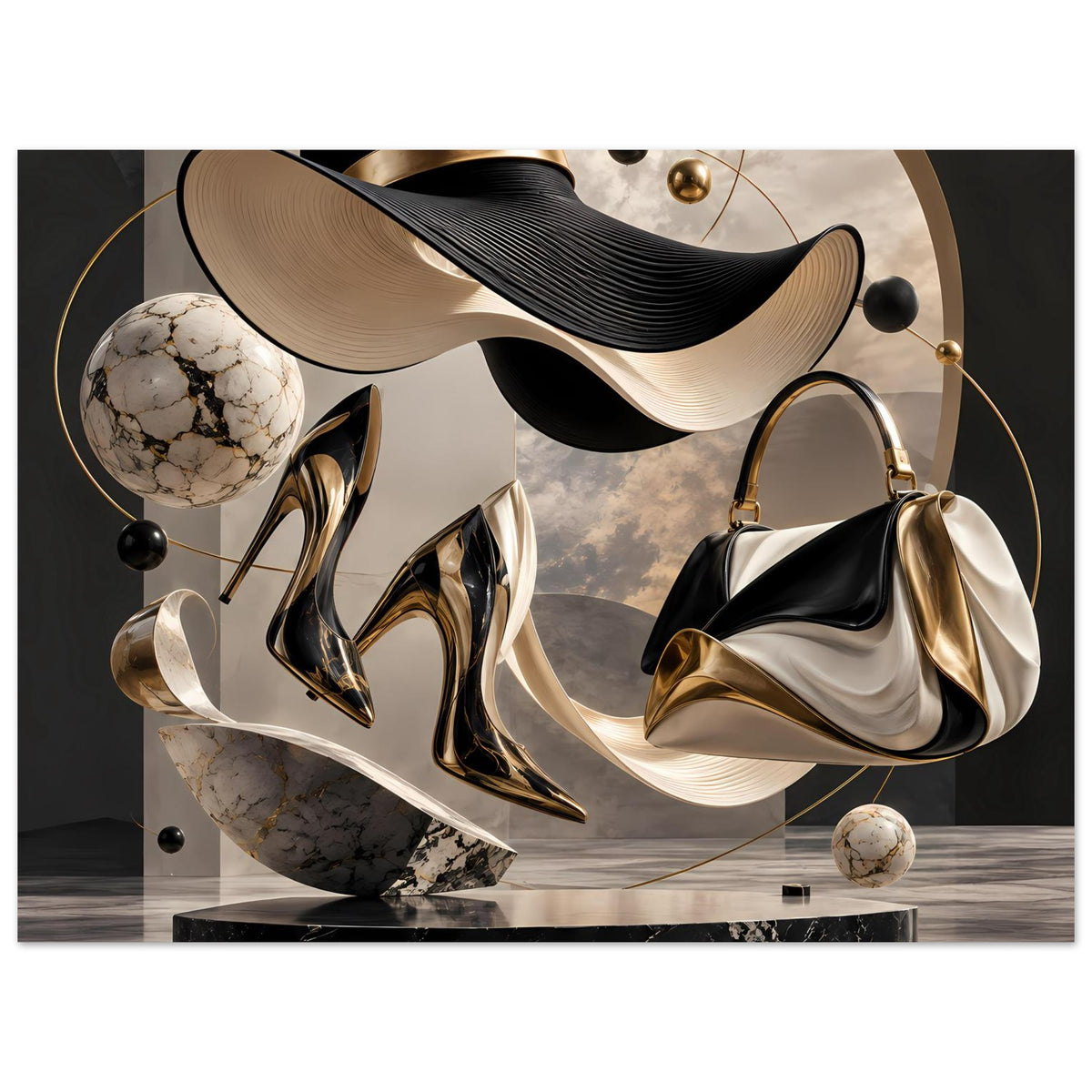 Modekunst-Poster mit stilisierten Schuhen und goldfarbenen Linien in Schwarz