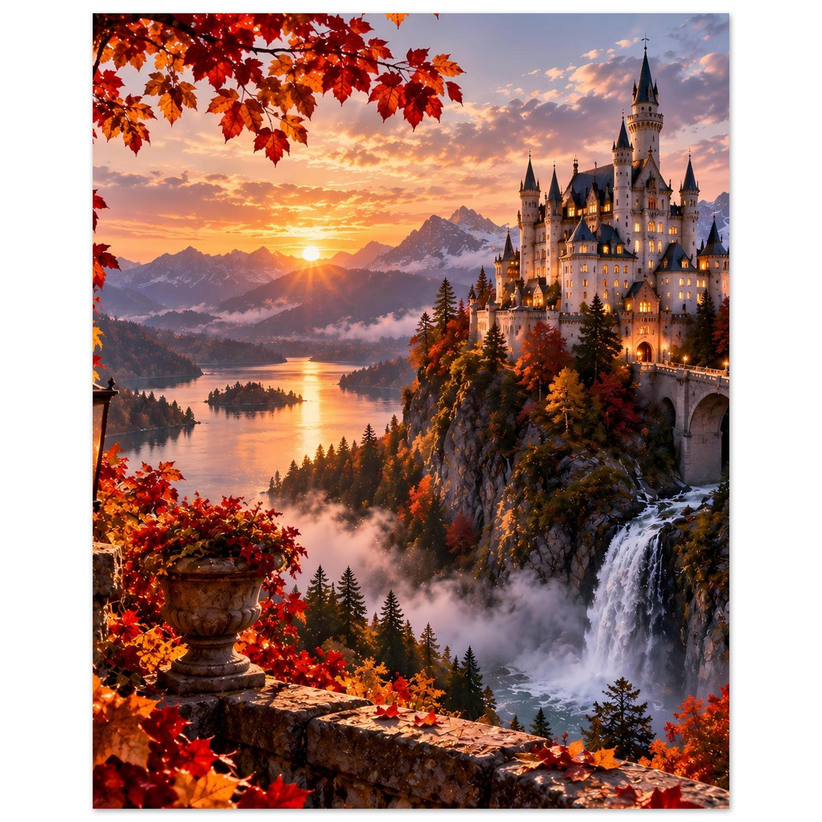 Herbstliches Schloss-Poster, hochkant: leuchtendes Schloss, Wasserfall rechts, rote Blätter