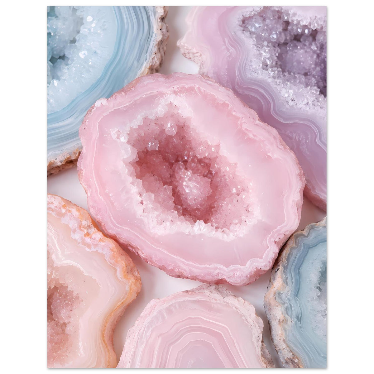 Kristallgeoden-Poster, zentrierte rosa Geode mit blauen und violetten Pastelladern, untere Form sichtbar
