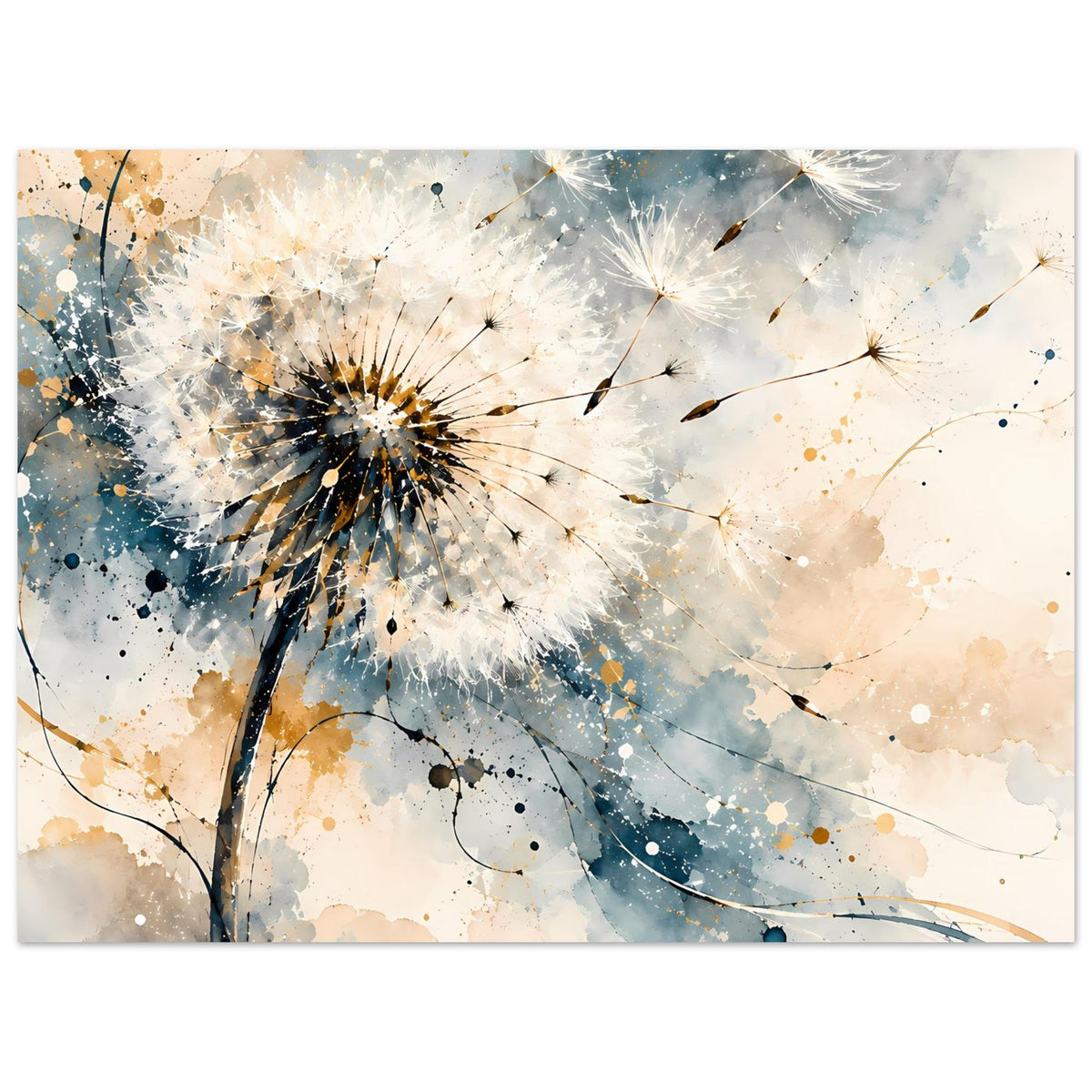Kunstposter mit Pusteblumen und zarten Sprenkeln in Blau, Gold und Creme, im Querformat