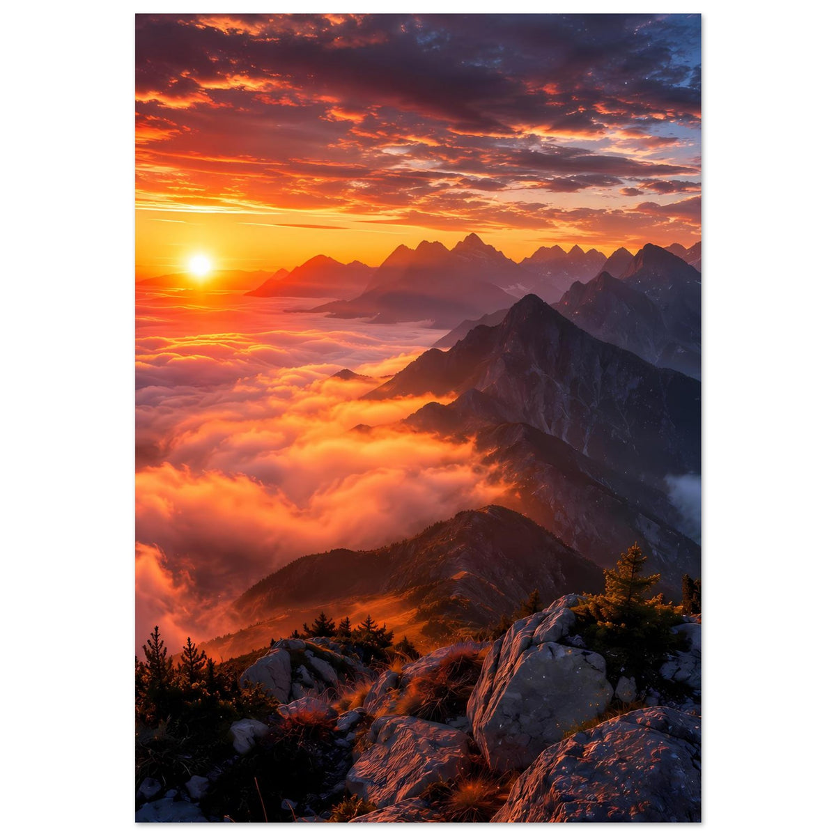 Wandposter Sonnenaufgangsstimmung über Bergen und Wolken, dramatischer Himmel, steile Gipfel, Hochformat.
