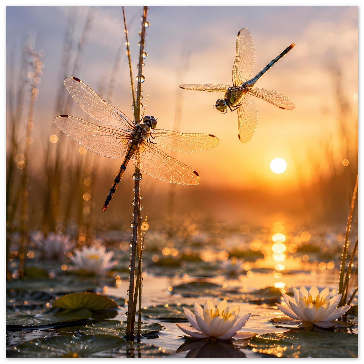Poster mit zwei goldenen Libellen über Seerosen, warmes Abendlicht