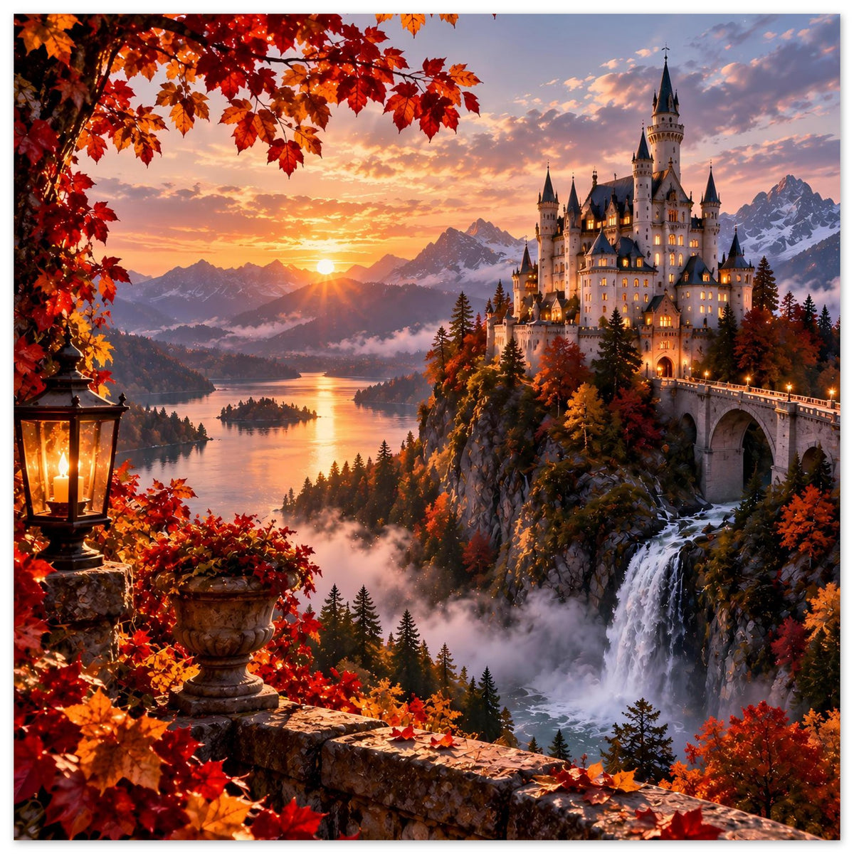 Herbst-Wandposter mit Schloss, Sonnenaufgang, Fluss, Wasserfall und roten Herbstblättern, Laterne links.