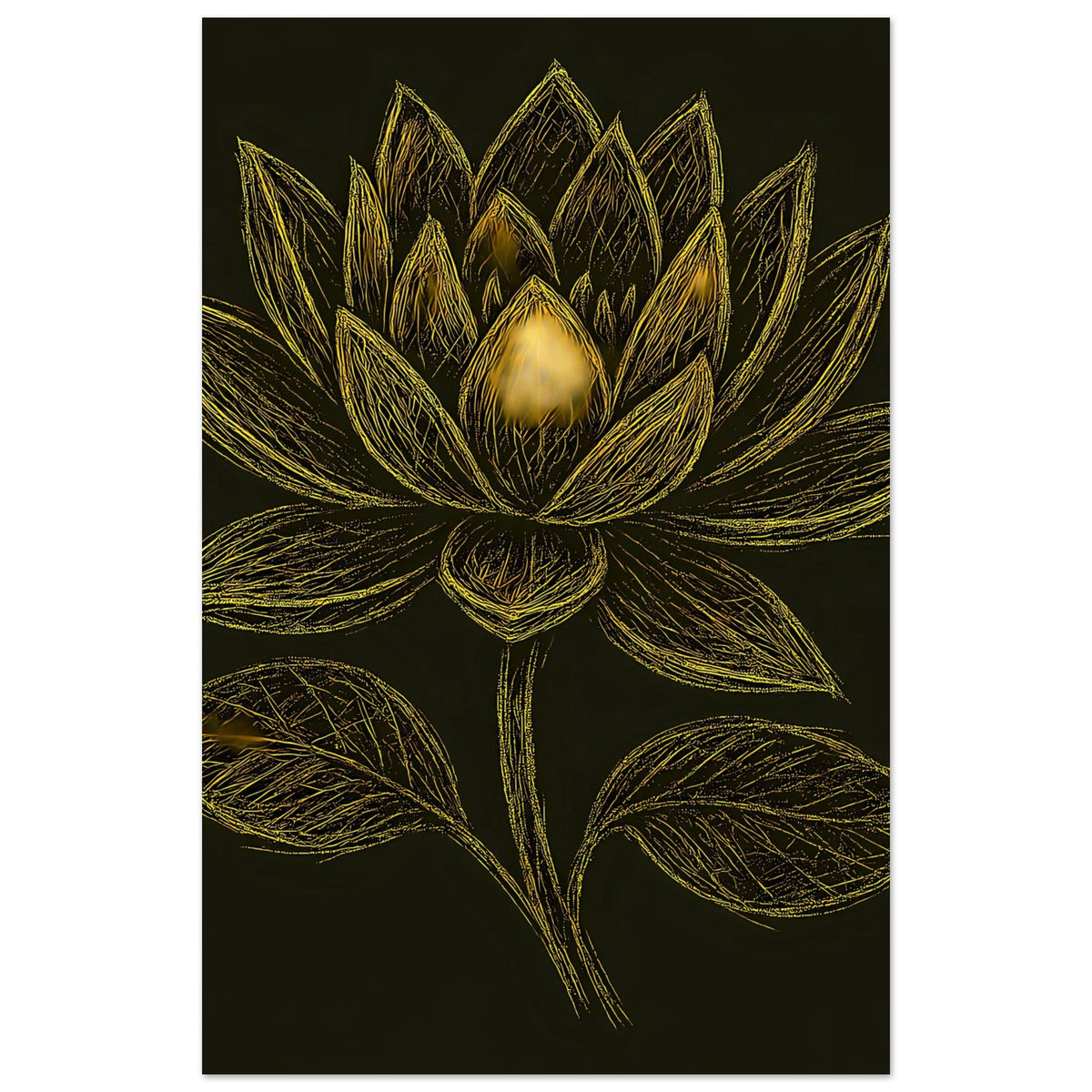 Hochformat-Poster mit goldener Lotusblüte, zentriert auf tiefschwarzem Hintergrund